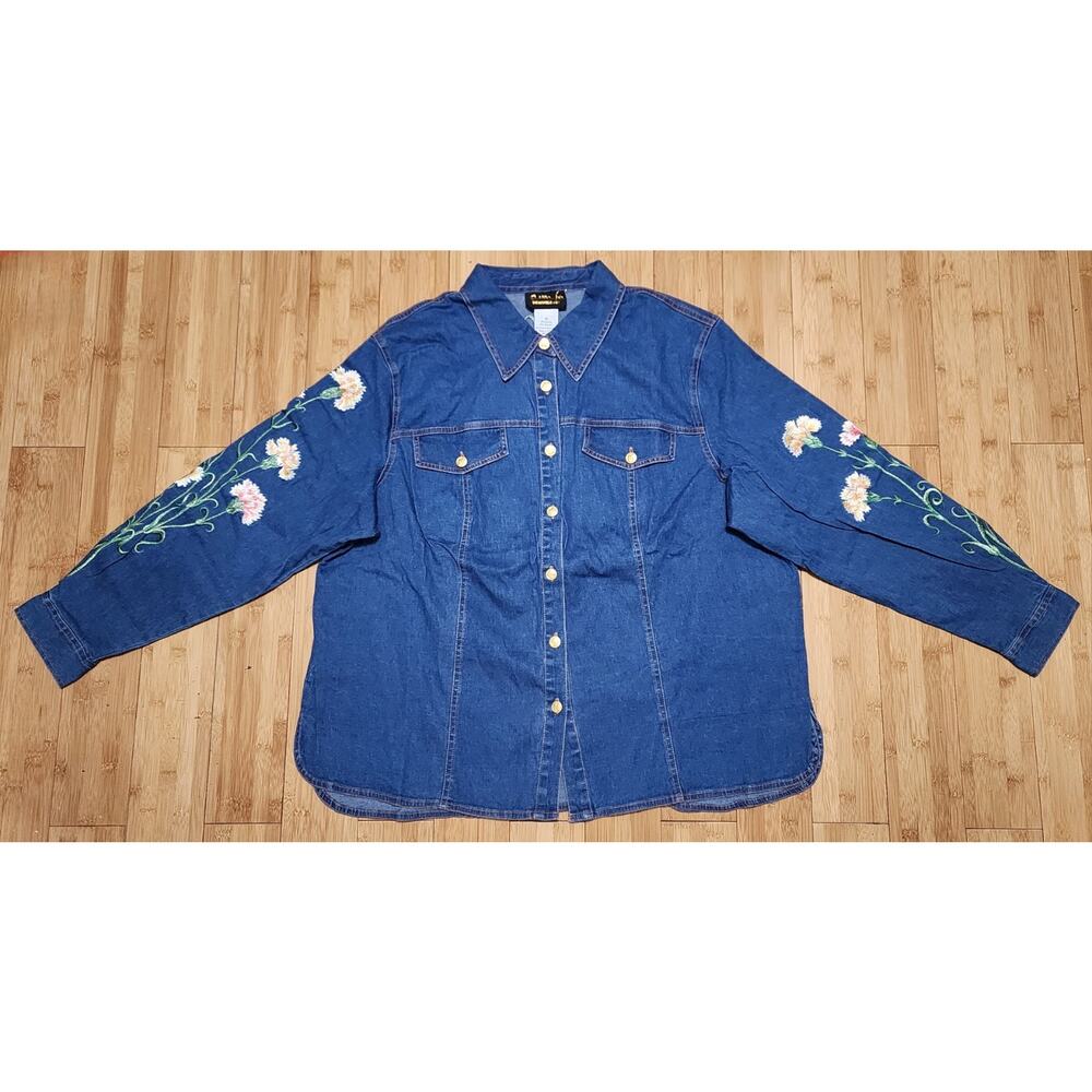 Vintage Bob Mackie Women's 1X Jeans Jacket Wearable Art Blue Denim Floral Art
